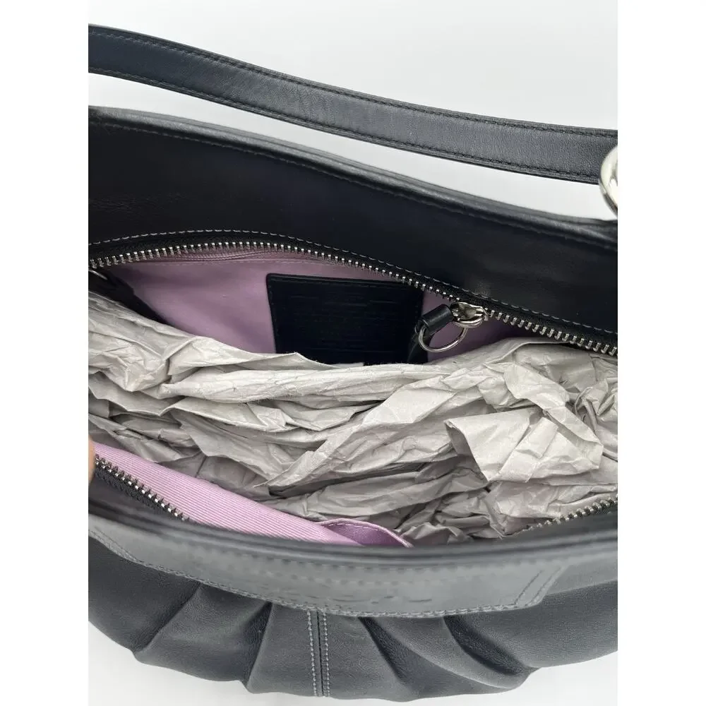 Coach Gallery F13759 Black Leather Pleated Tote Shoulder Bag Purple Lined